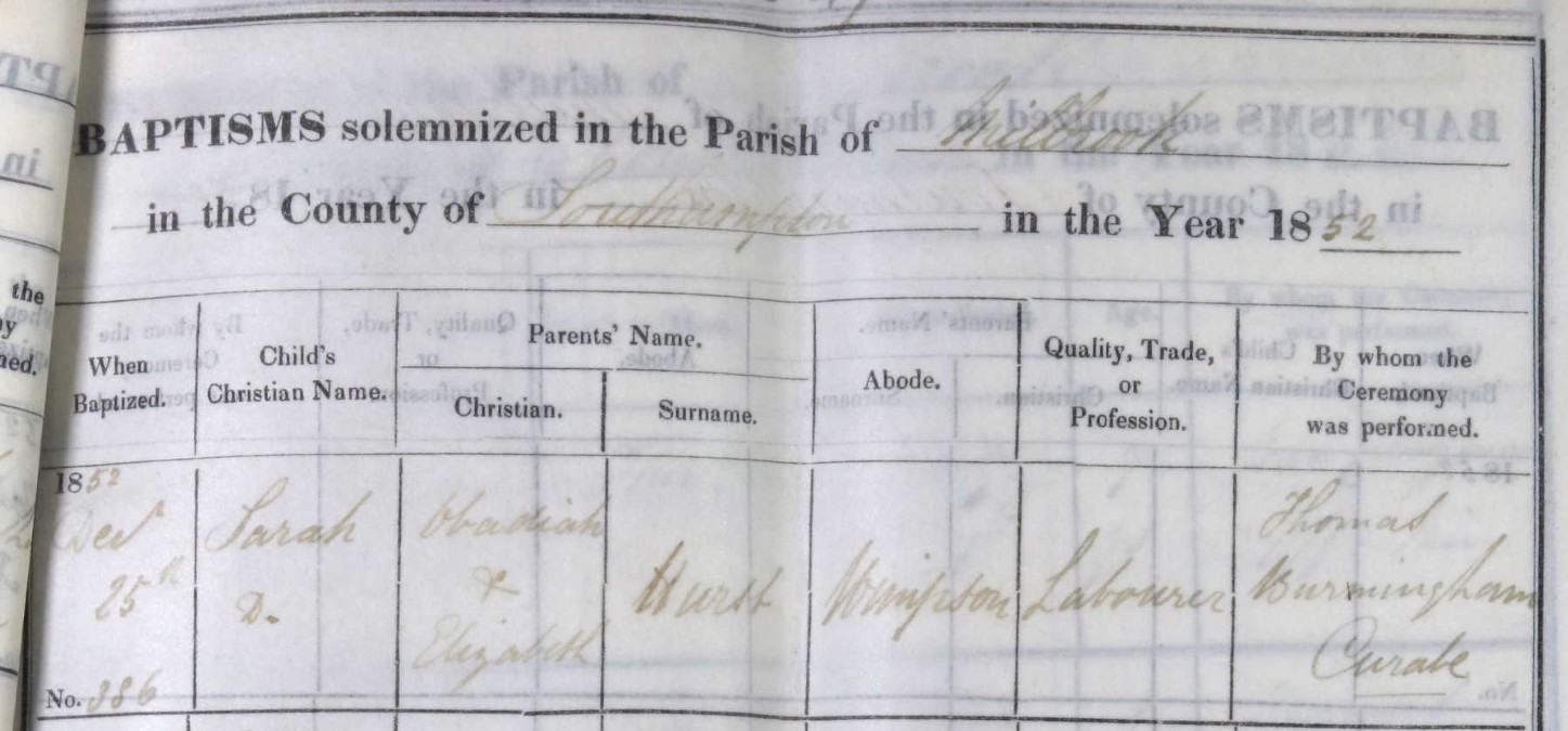 Baptised Sarah Hurst 25 Dec 1852