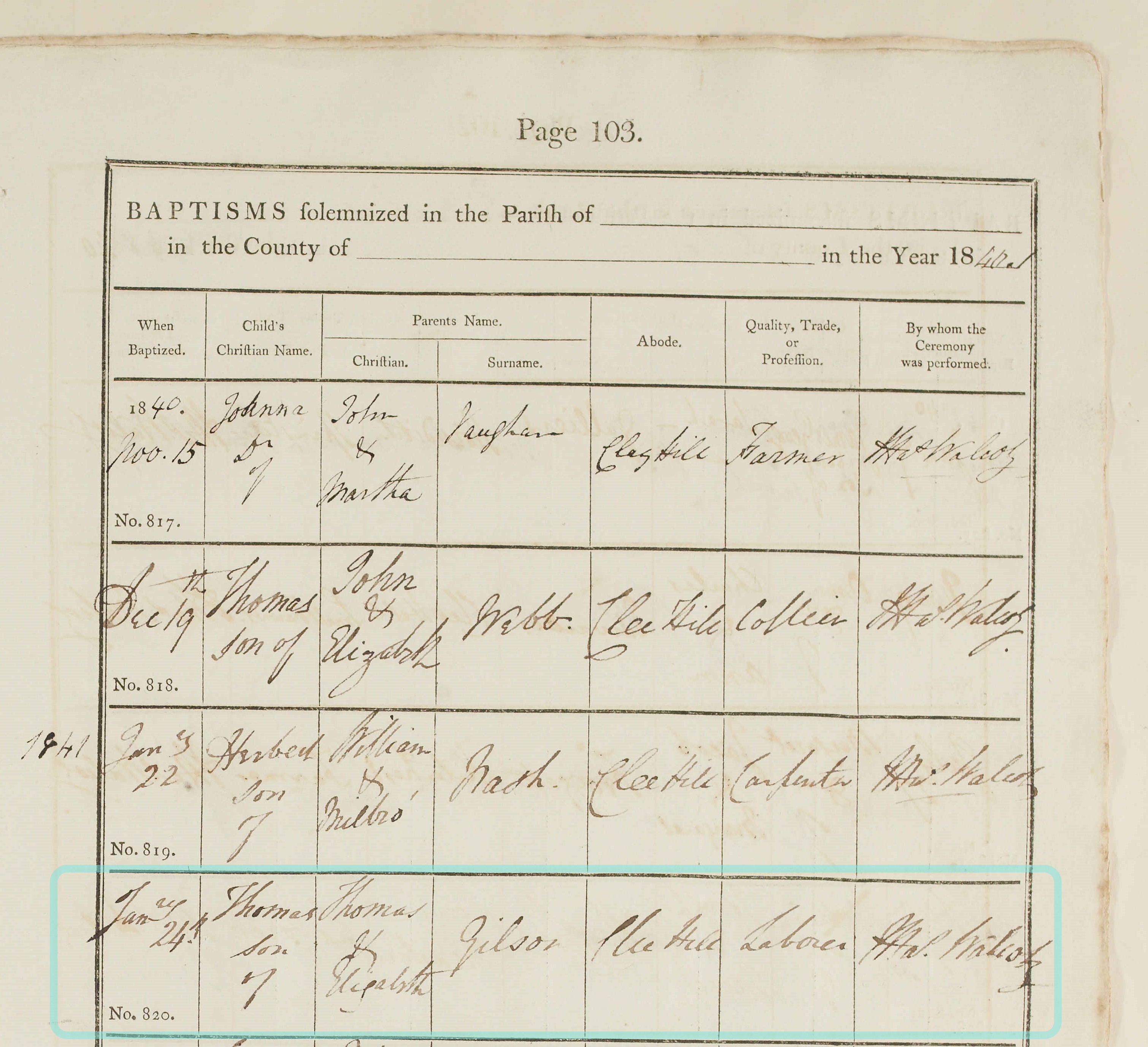 Baptised Thomas Gilson 24 Jan 1841