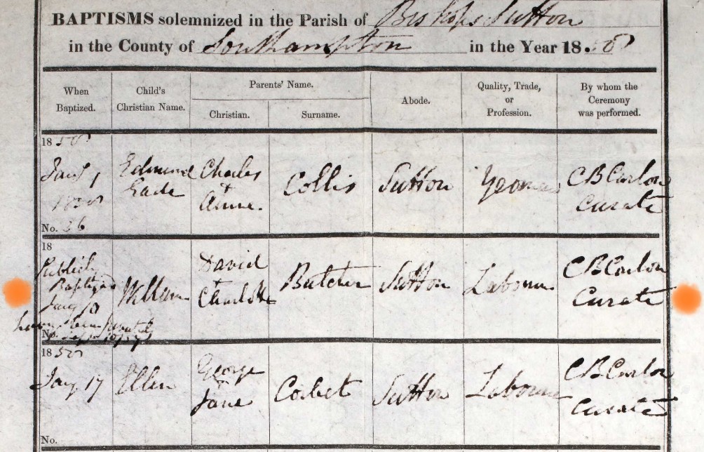 Baptised William Butcher Bishops Sutton 10 Jan 1858