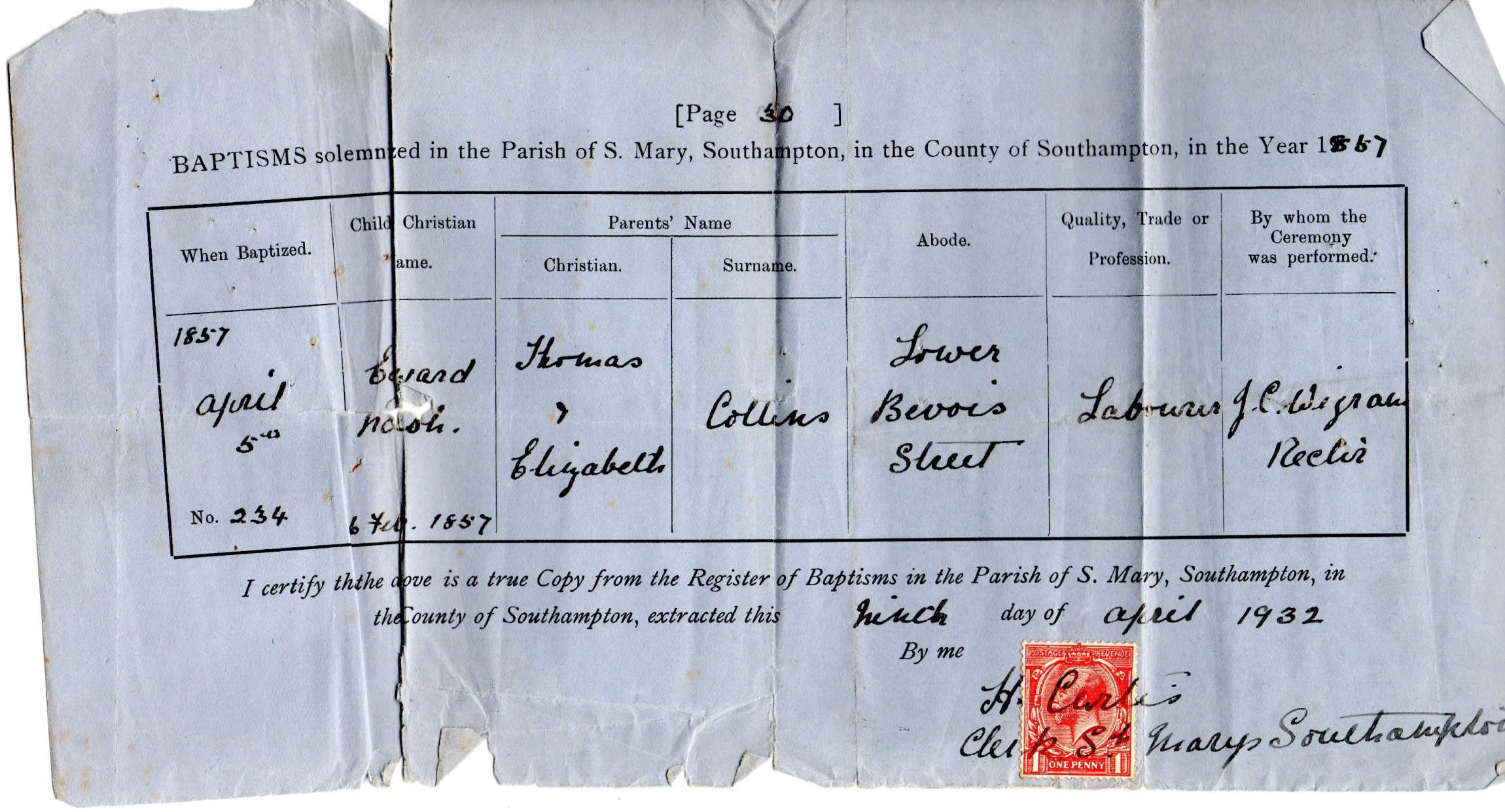 Baptism Edward Nash Collins 5 April 1857 Certs img104 75