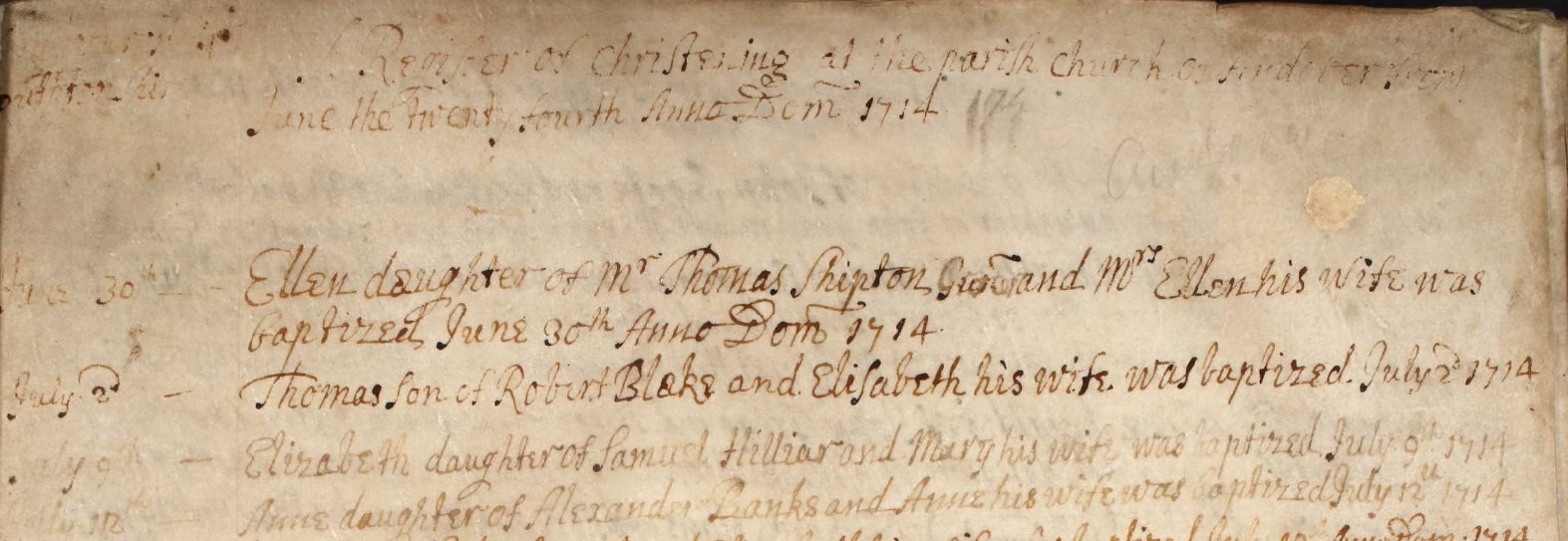 Baptisms Register Parish Church Andover 1714