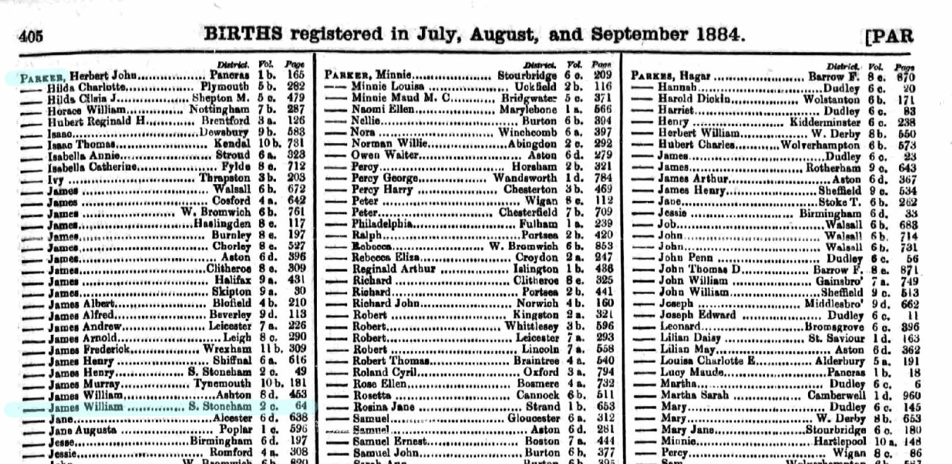 Births registered Q3 1884 Parker