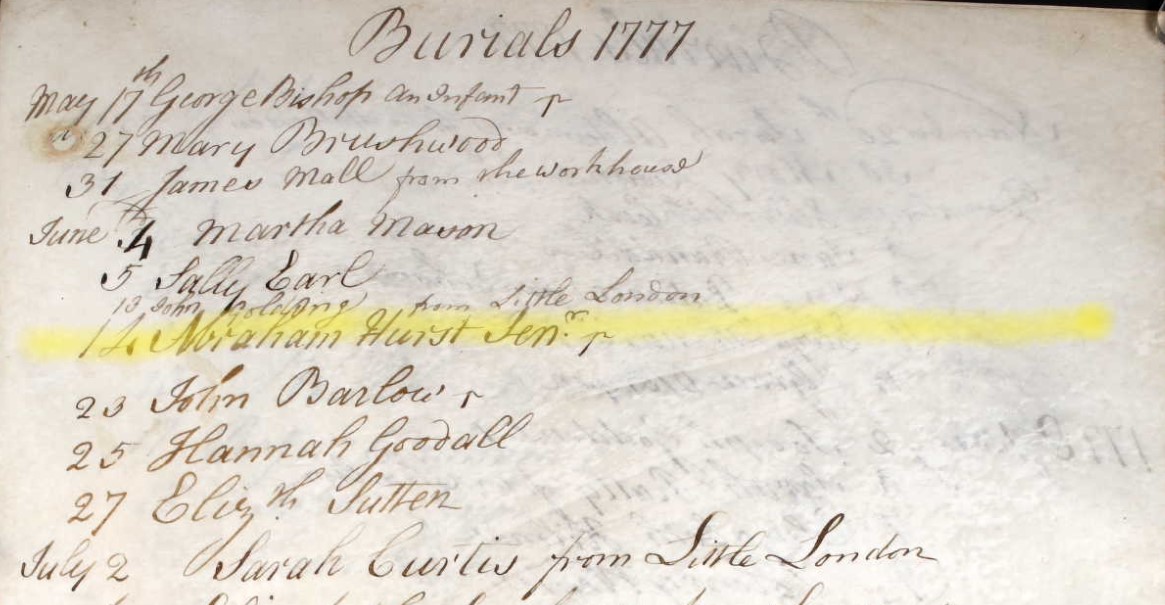 Burials Andover Abraham Hurst 14 Jun 1777