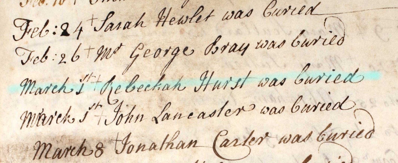 Burials Andover Rebeckah Hurst 1 Mar 1652