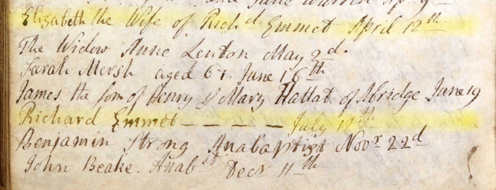 Burials Broughton Elizabeth and Richard Emmet 1761