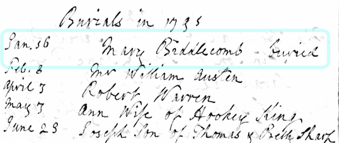 Burials Kinson Mary Biddlecombe 16 Jan 1795