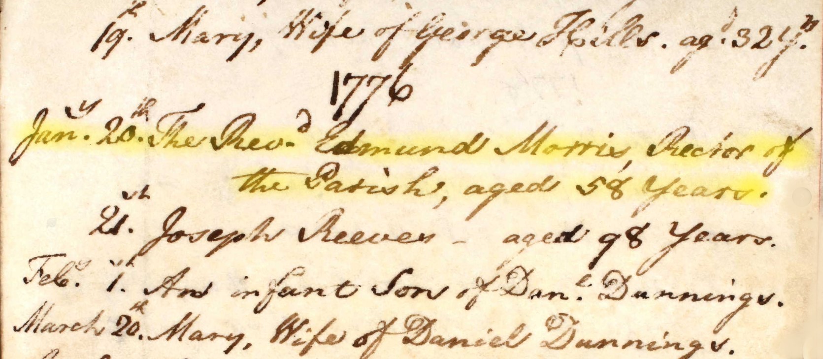 Burials Nursling Revd Edmund Morris 20 Jan 1776