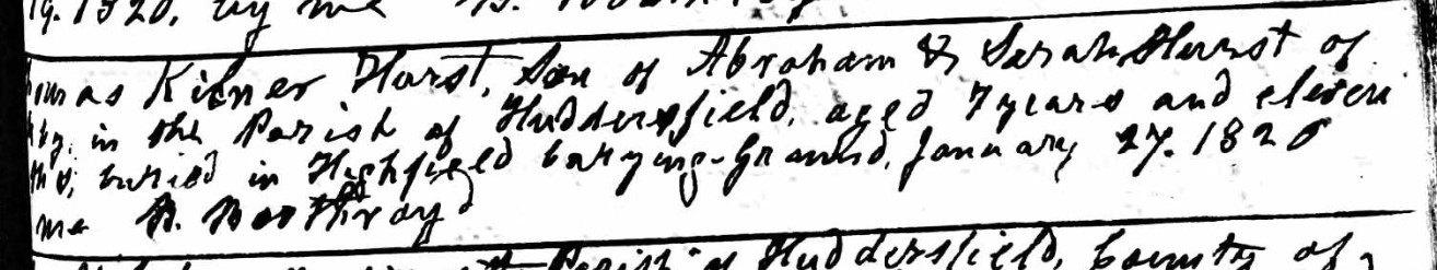Burials Thomas Kilner Hurst 1820 Huddersfield