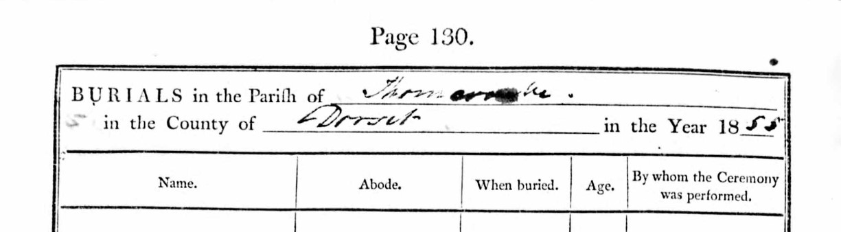 Burials Thorncombe Dorset 1855