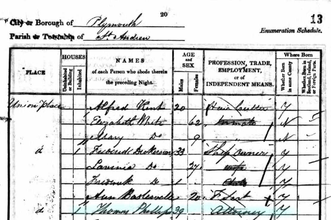 Census 1841 Thomas Phillips St Andrews Plymouth