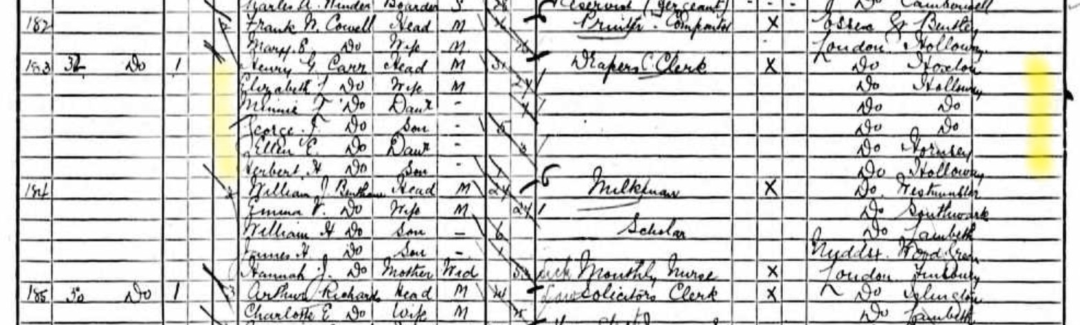 Census 1891 Islington District 37 32 Citizen Road Carr