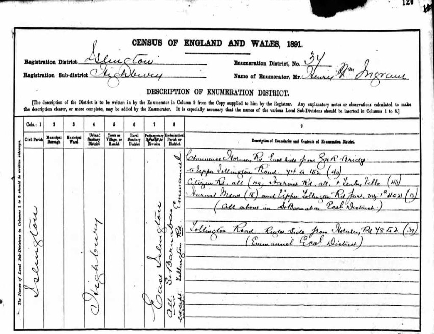 Census 1891 Islington District 37 Notes