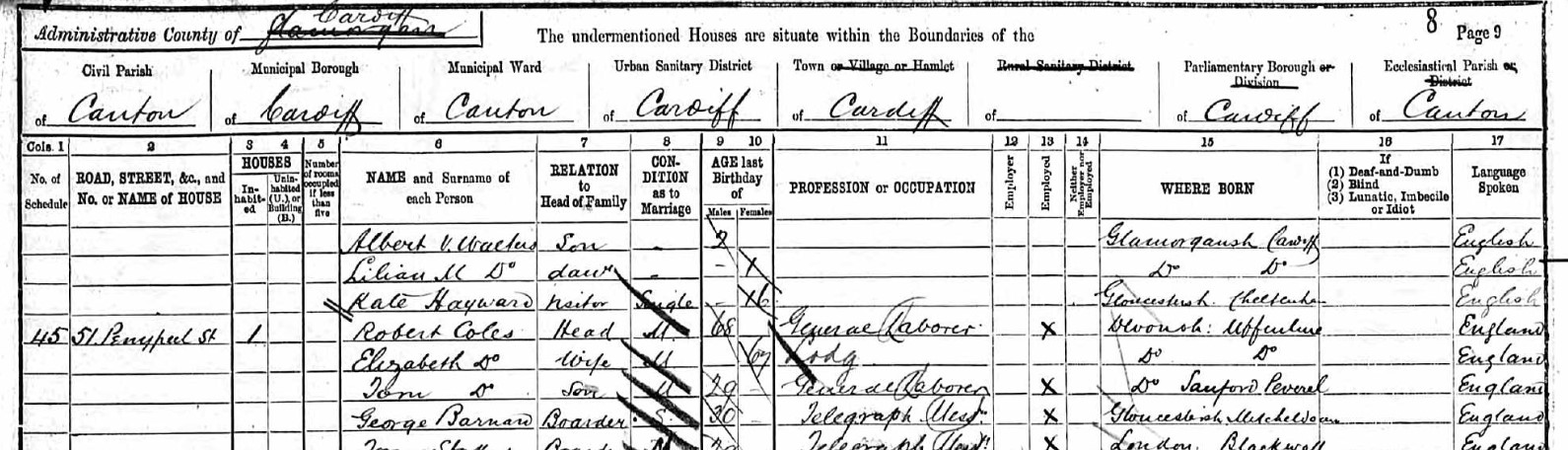 Census 1891 Wales Cardiff Pen Y Peel top
