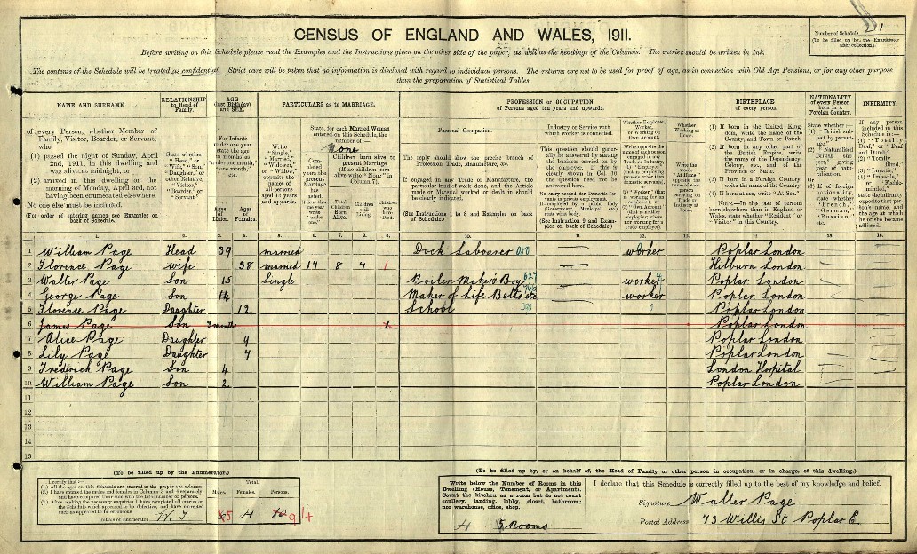 Census 1911 Page 73 Willis Street East India Docks A