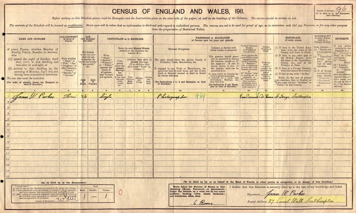 Census 1911 James W Parker