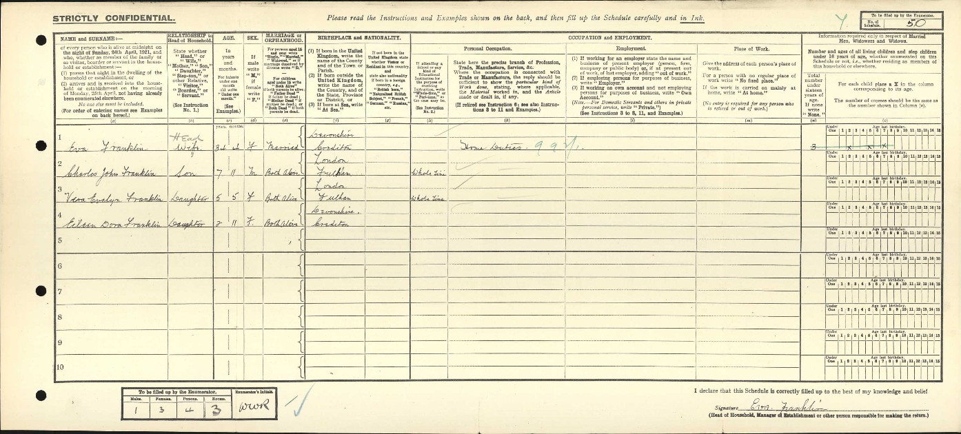 Census 1921 Franklin 50 Estcourt Road