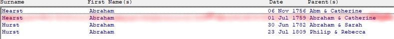 HGS baptisms list 1752 1812 Abraham Hurst