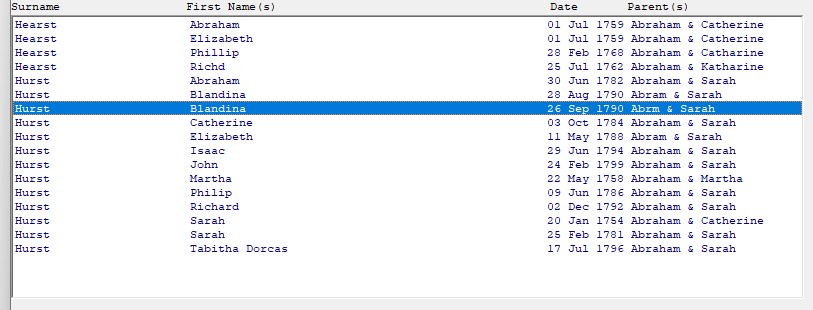 HGS baptisms list 1752 1812 father Abraham Hurst