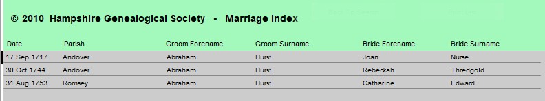 HGS marriage list 1660 1753 Abraham Hurst