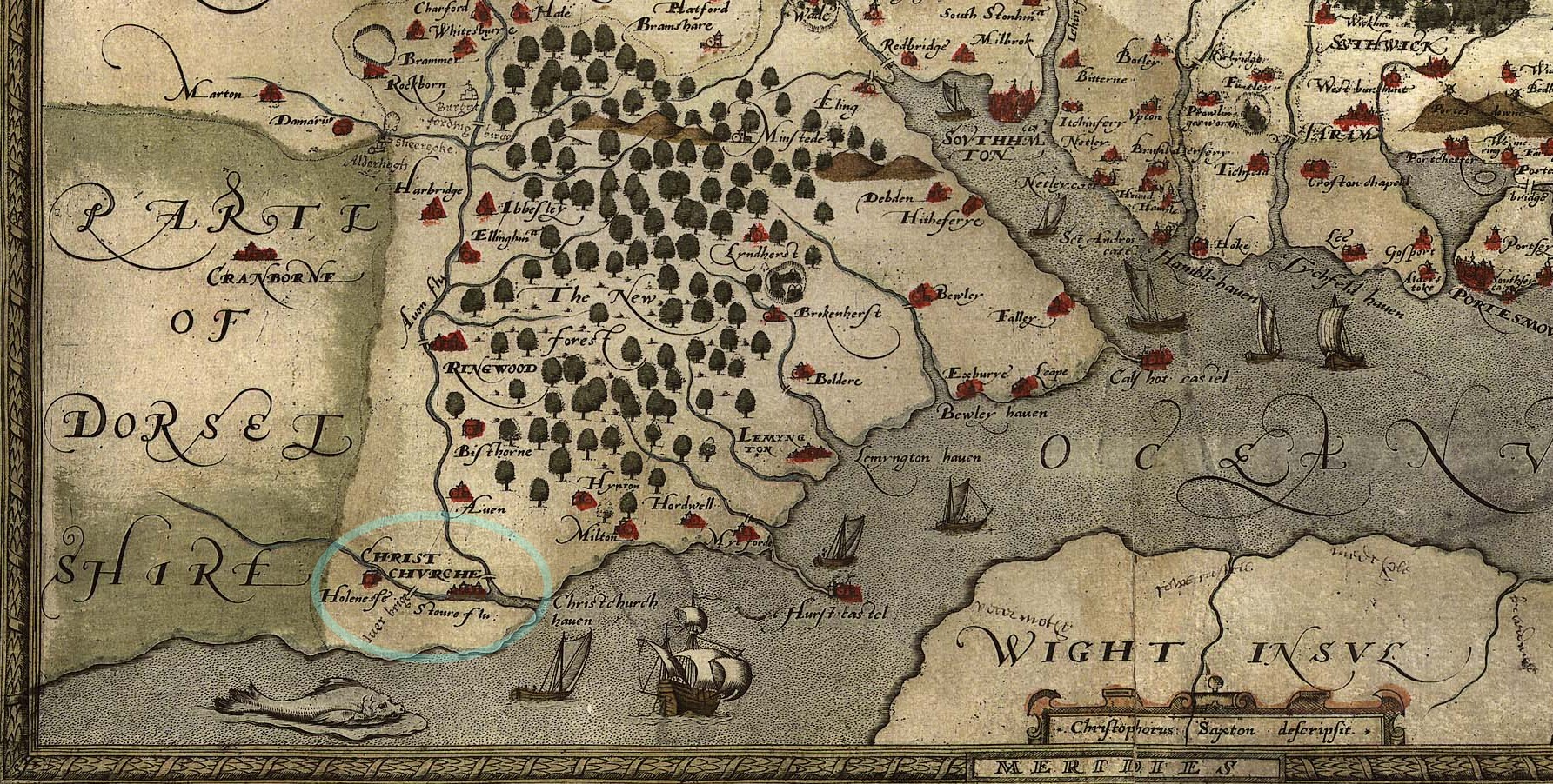 Map Saxtons 1575 Hampshire Christ Churche
