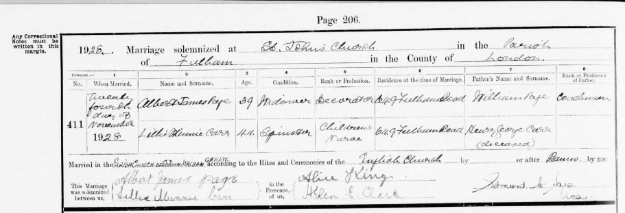 Marriage Albert James Page Lillie Minnie Carr 24 Nov 1928