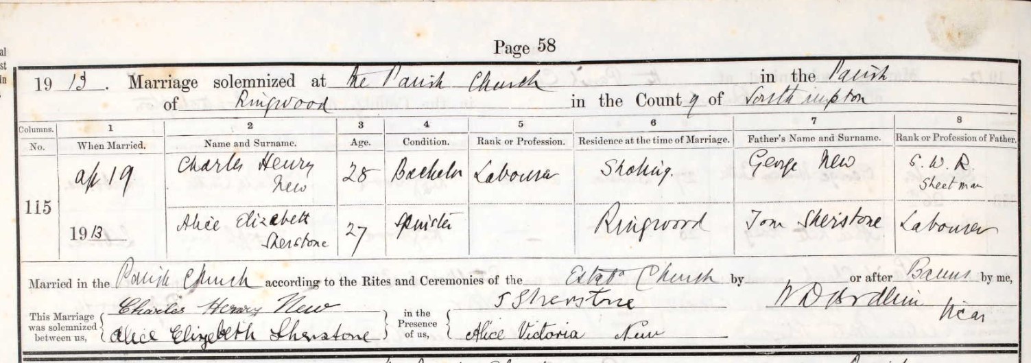 Marriage Charles Henry New and Alice Elizabeth Sherstone