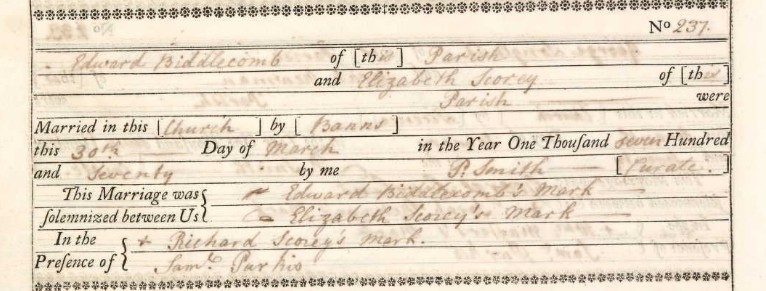 Marriage Edward Biddlecomb Elizabeth Scorey Eling