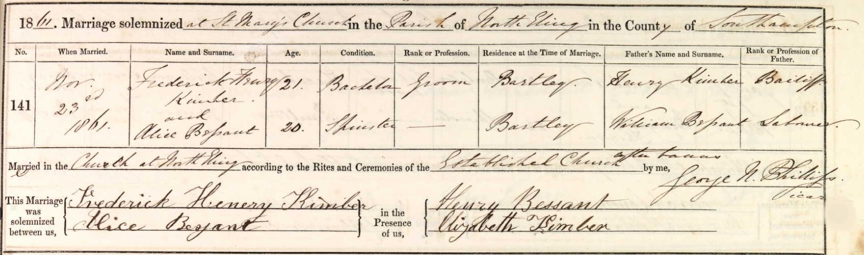Marriage Frederick Henry Kimber and Alice Bessant