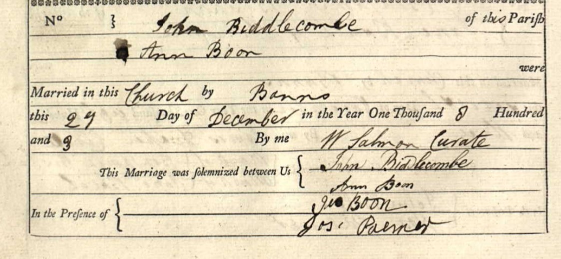 Marriage John Biddlecombe and Ann Boon