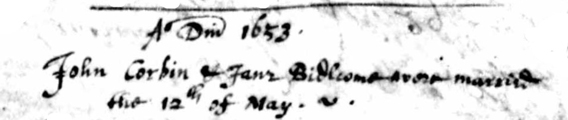 Marriage John Corbin Jane Biddlecom 12 May 1653 Hampreston