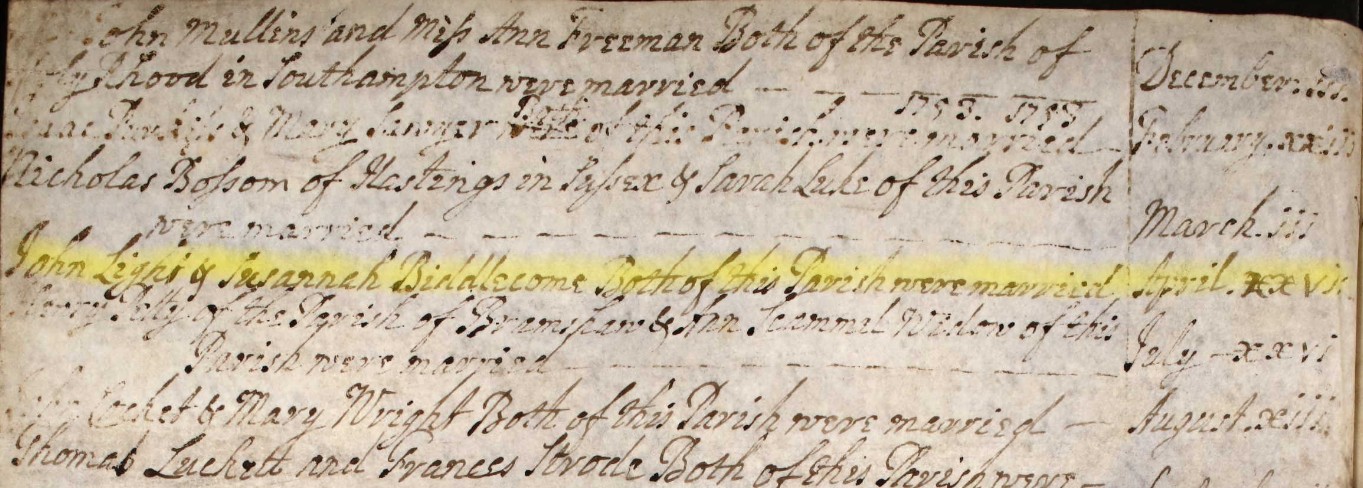 Marriage John Light Susannah Biddlecome Eling