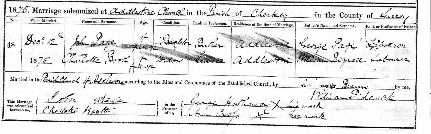 Marriage John Page and Charlotte Booth Addleston