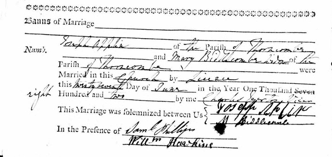 Marriage Joseph Aplin Mary Biddlecombe Widow