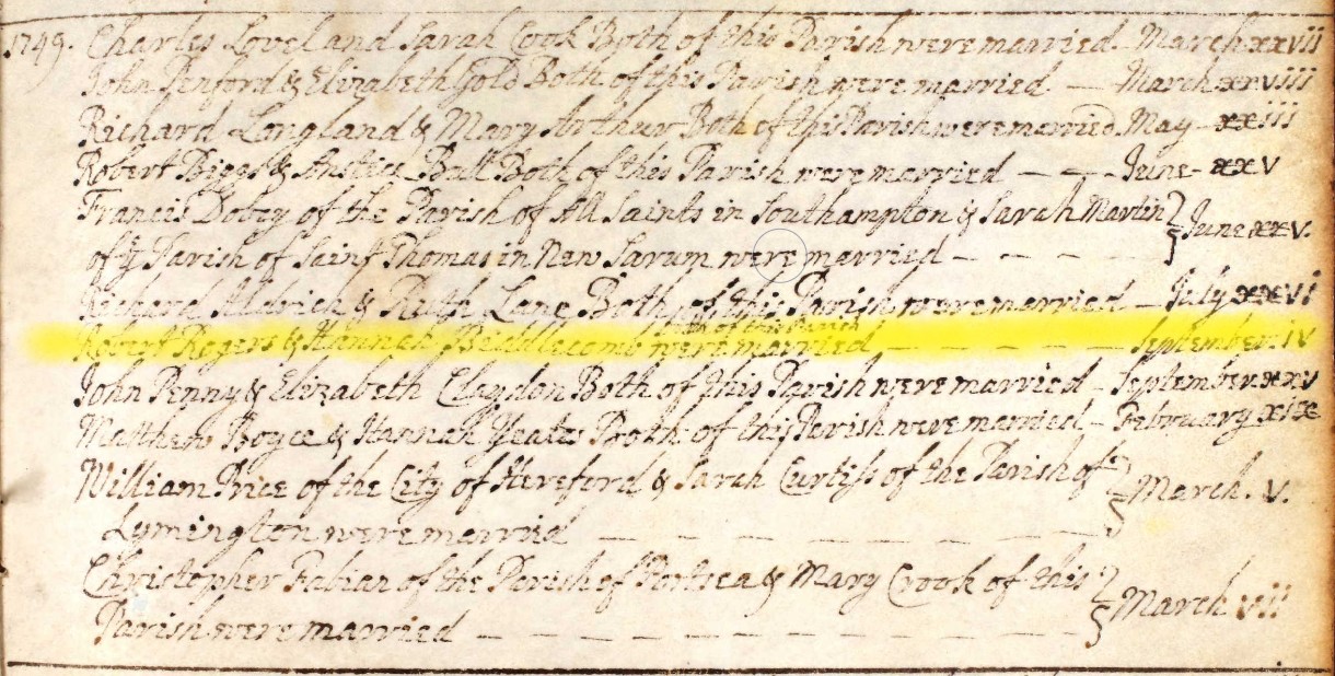 Marriage Robert Rogers Hannah Biddlecomb Eling