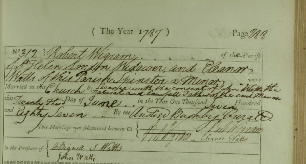 Marriage Robert Wigram and Eleanor Watts