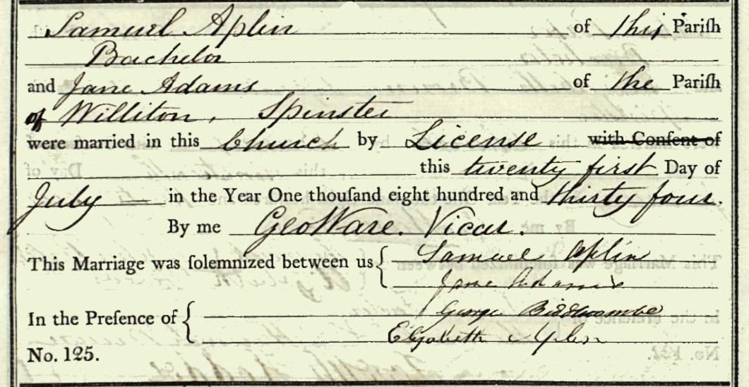 Marriage Samuel Aplin and Jane Adams