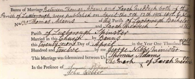 Marriage Thomas Adams and Sarah Meddick Luxborough