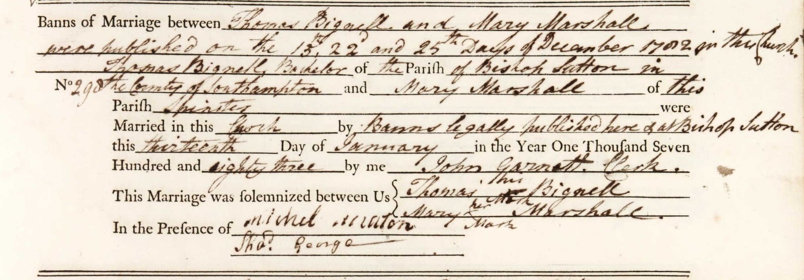Marriage Thomas Bignell and Mary Marshall 13 Jan 1783