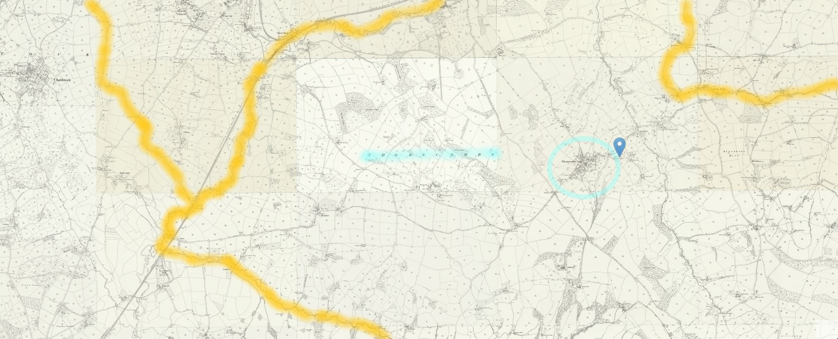 OS 25 Map Thorncombe Parish w county boundaries