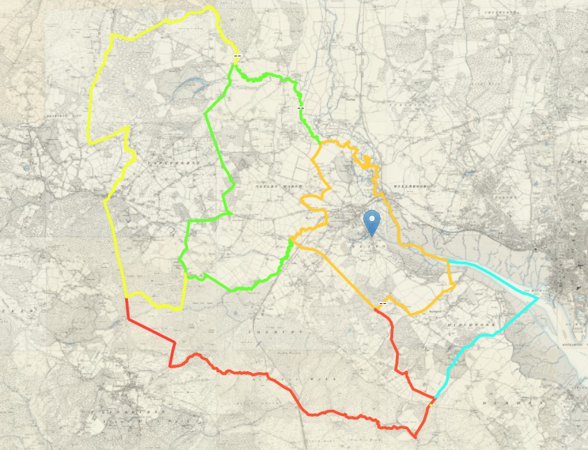 OS 6 Old Map Ancient Eling 4 parish boundaries plus Eling mark