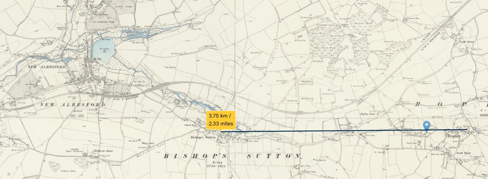 OS 6 Old Map Ropley to Bishops Sutton