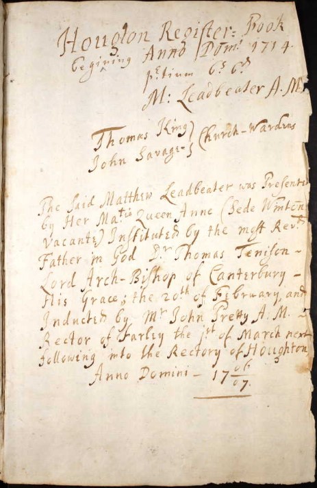 Parish Register Houghton Inside Cover 1714 1738