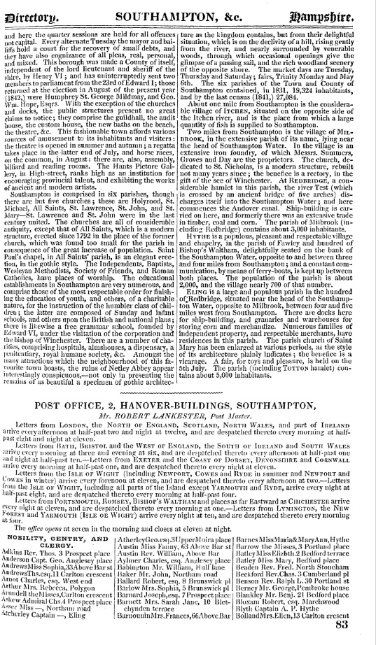 Pigots Directory of Hampshire 1844 Southampton p83