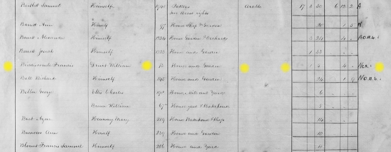 Tithe Apportionment Wimborne Minster Francis Biddiscombe Detail