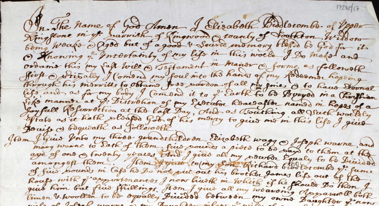 Will of Elizabeth Biddlecombe of Upper Kingstone p1