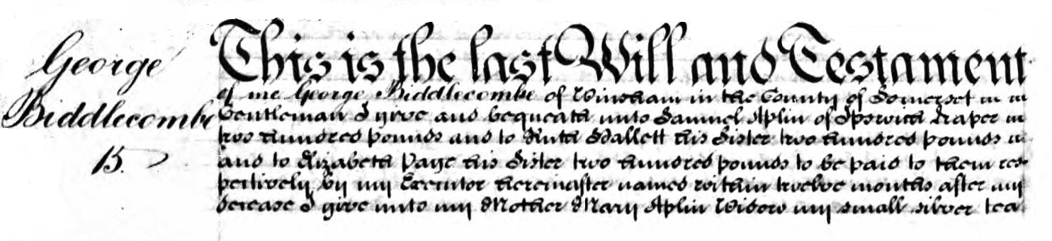 Will of George Biddlecomb of Winsham detail 1