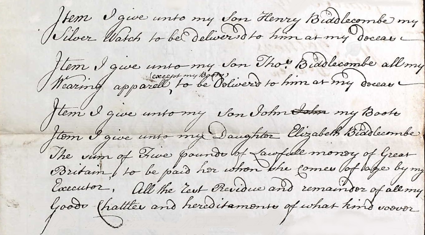 Will of Henry Biddlecombe of Kingston extract 2