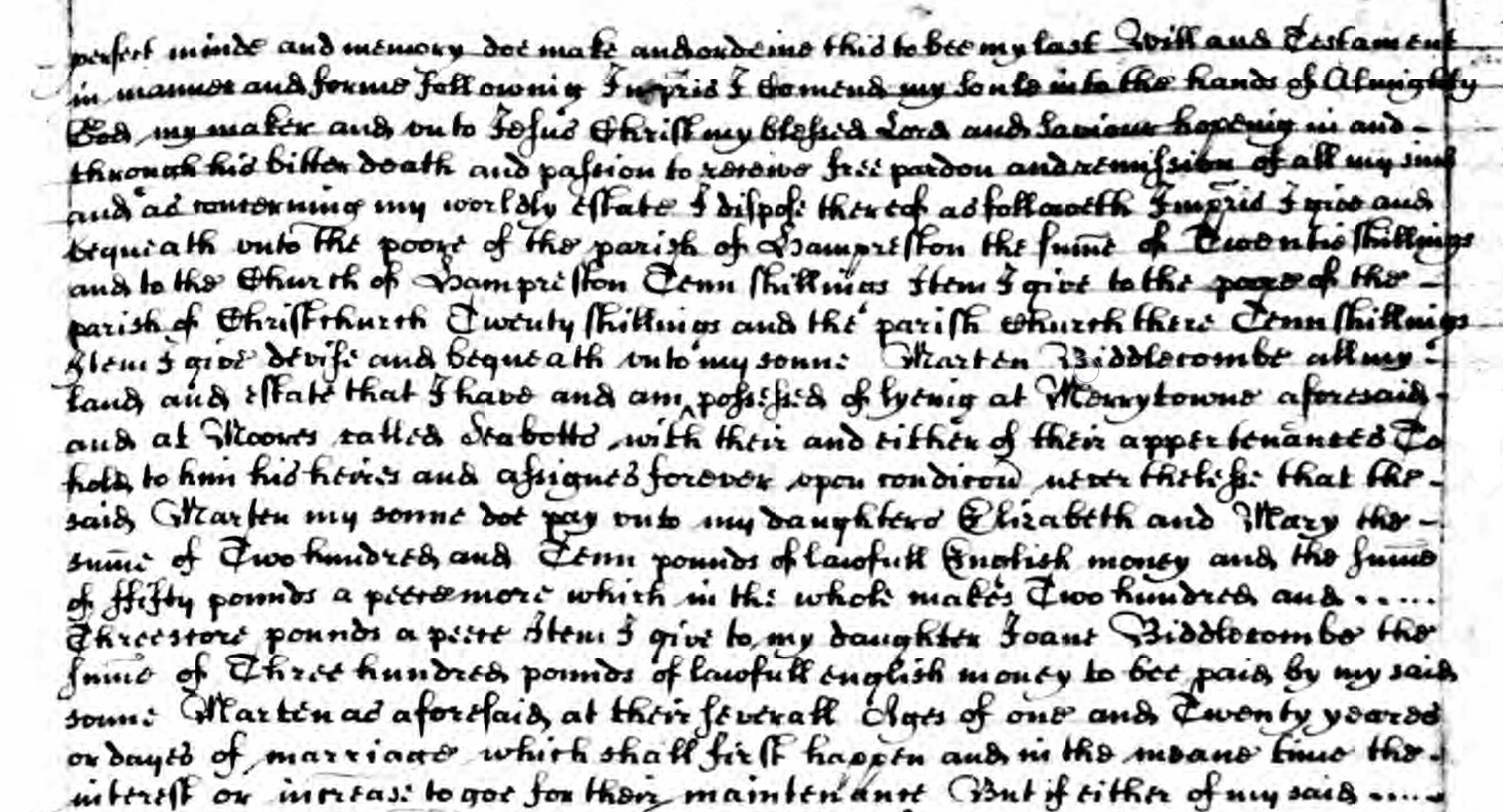 Will of John Biddlecomb of Merrytown page 2 upper