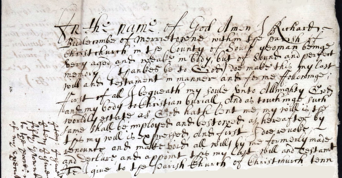 Will of Richard Biddlecomb of Merrytown part 1 of 4