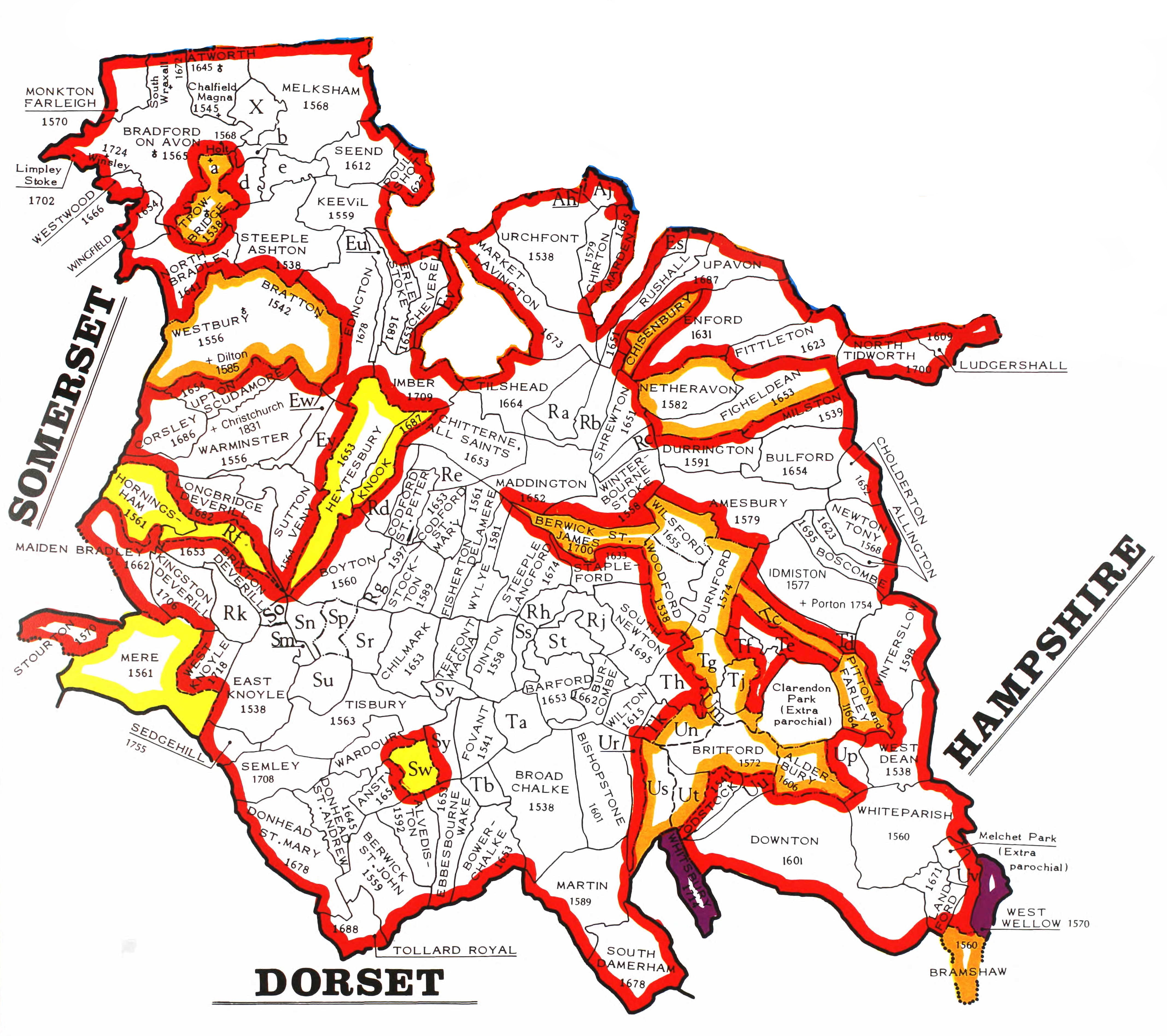 County Parish map Wiltshire South AD Sarum